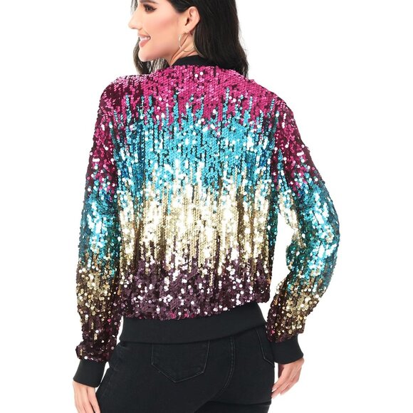 Brand New Women Gradient Color ployester Sequin Zip Bomber Jacket Long Sleeve - Picture 3 of 7